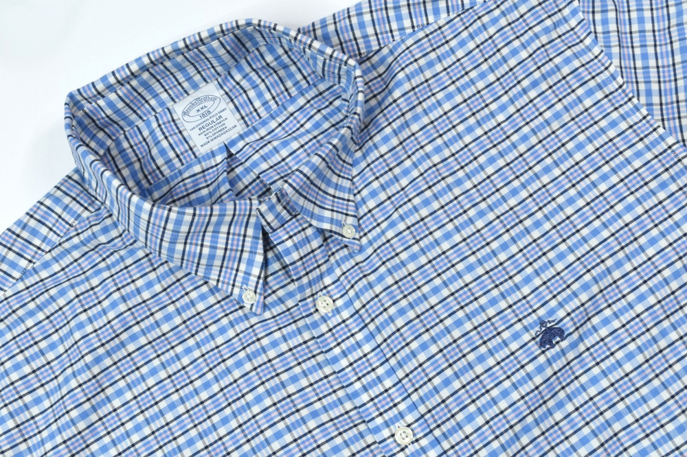 Brooks Brothers Oxford Shirt Mens 2XL Blue Pink Plaid Short Sleeve Button-Down